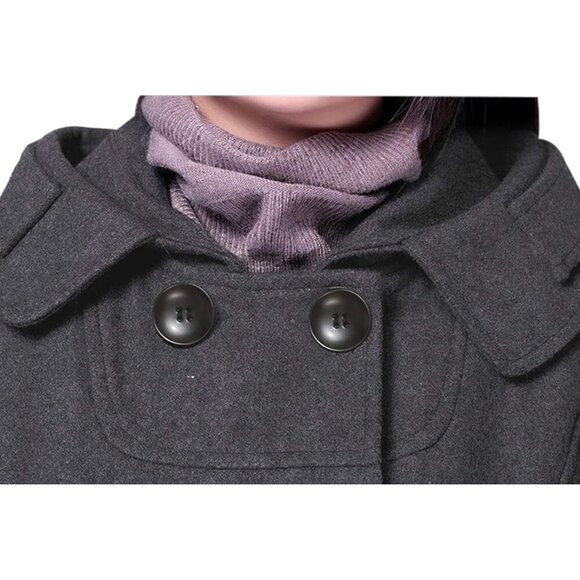 Women's Grey Warm Double Breasted Wool Pea Coat Trench Coat Jacket with Hood - Picture 5 of 8